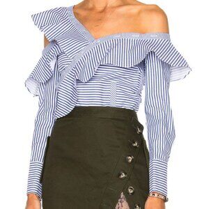 Self-Portrait Striped Frill Shirt Blue White Cotton Ruffle Blouse Women's size 4
